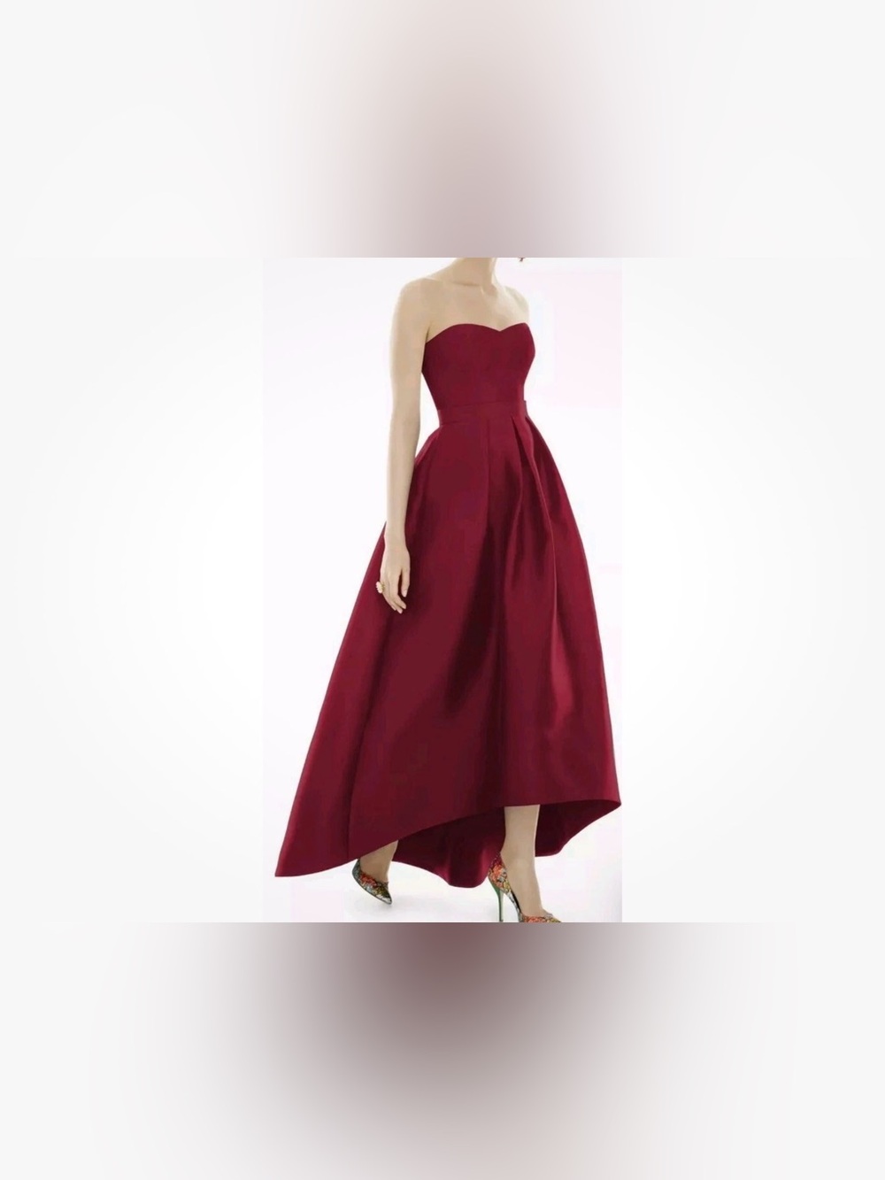 ALFRED SUNG Strapless Sweetheart High-Low Gown in Burgundy